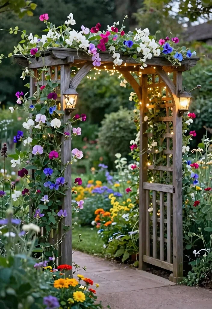 15 Sweet Pea Trellis Ideas That Support Heavy Vines All Season - 5. Decorative Arbor Trellis 1