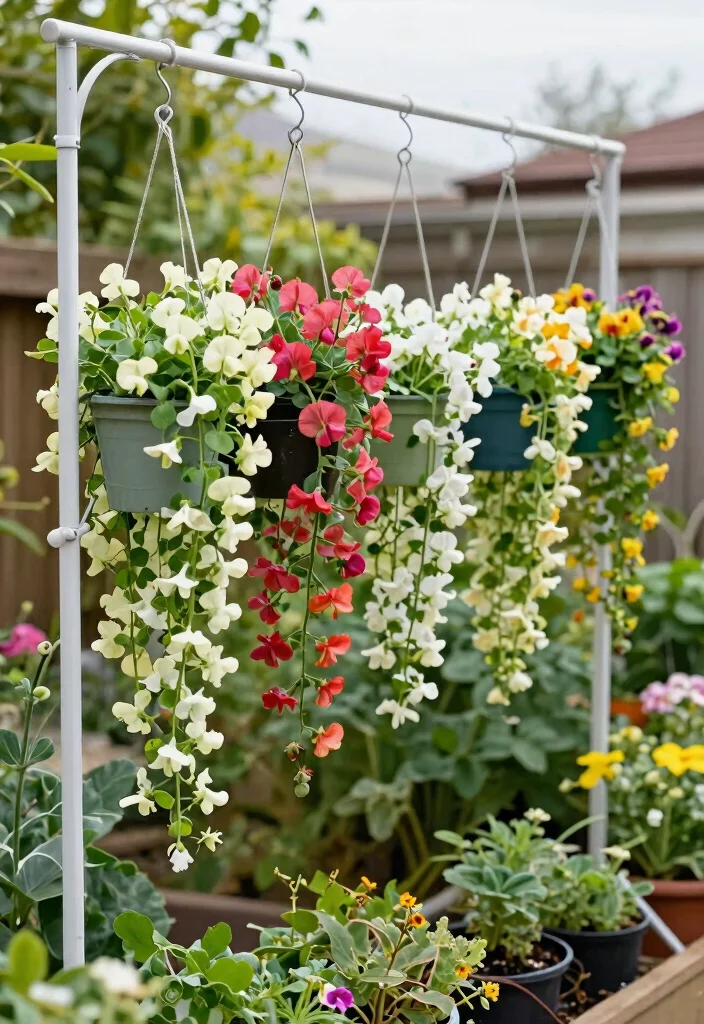 15 Sweet Pea Trellis Ideas That Support Heavy Vines All Season - 9. Hanging Container Trellis 1