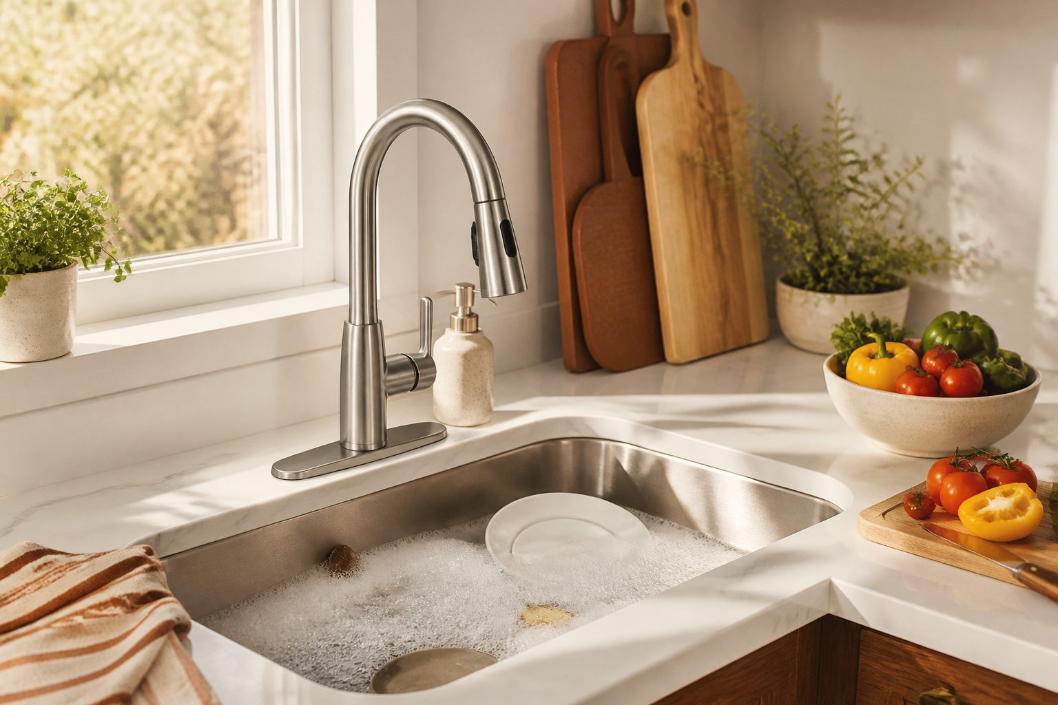 Modern kitchen with a shiny stainless steel automatic faucet installed