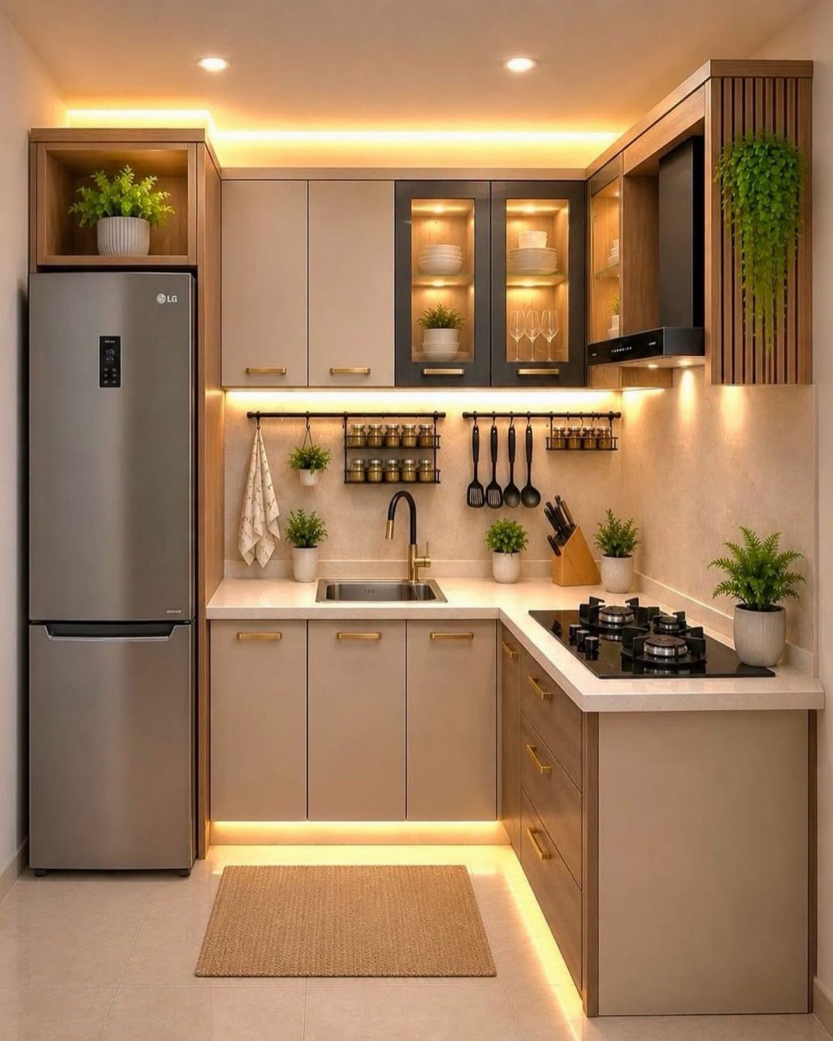 Modern small kitchen with beige cabinetry, under-cabinet lighting, and small potted plants.