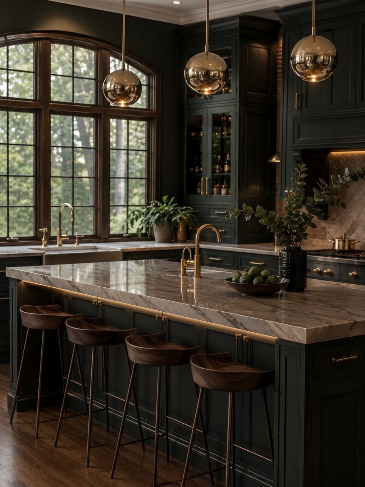 Dark green kitchen with marble island, gold accents, and large arched window.