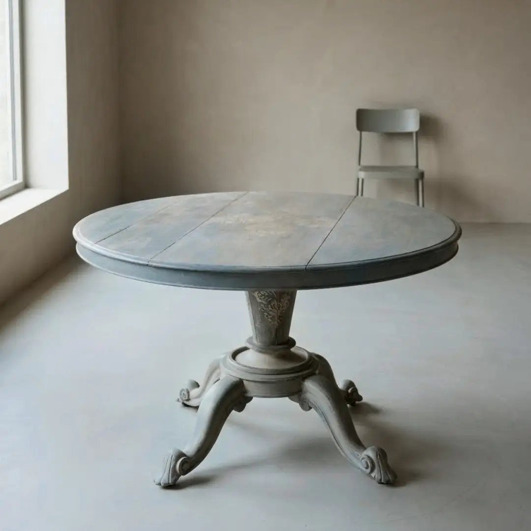 Round blue-grey painted pedestal table in a minimalist room with a grey chair.