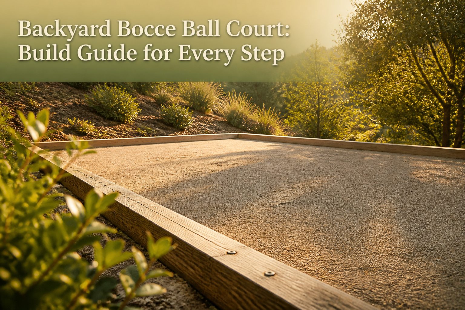 A bocce ball court framed by greenery and decorative lighting.