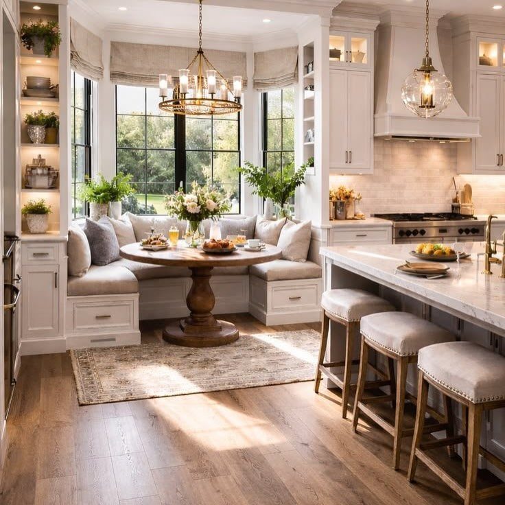 Built-in breakfast nook with round wooden table and beige bench seating in bright kitchen