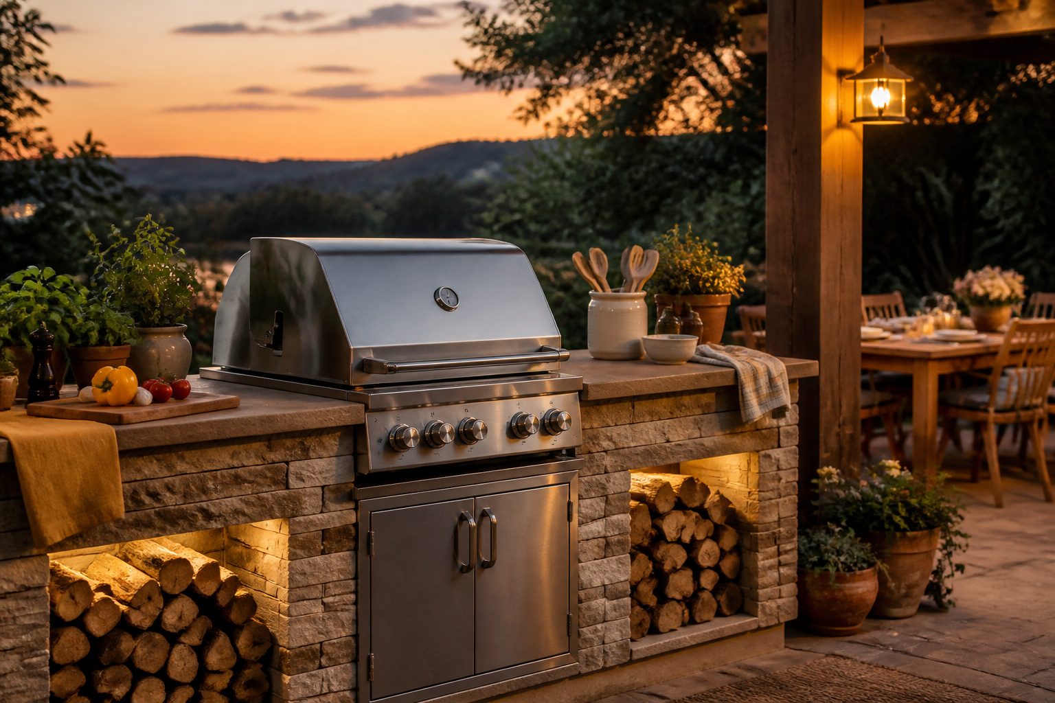 A stylish outdoor kitchen with a built-in gas grill at dusk