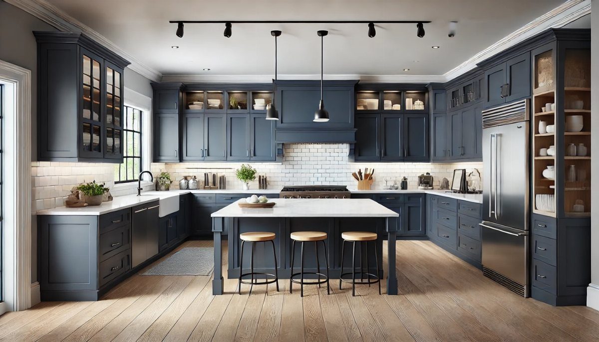 Navy blue kitchen cabinets with white countertops and a central island with stools.