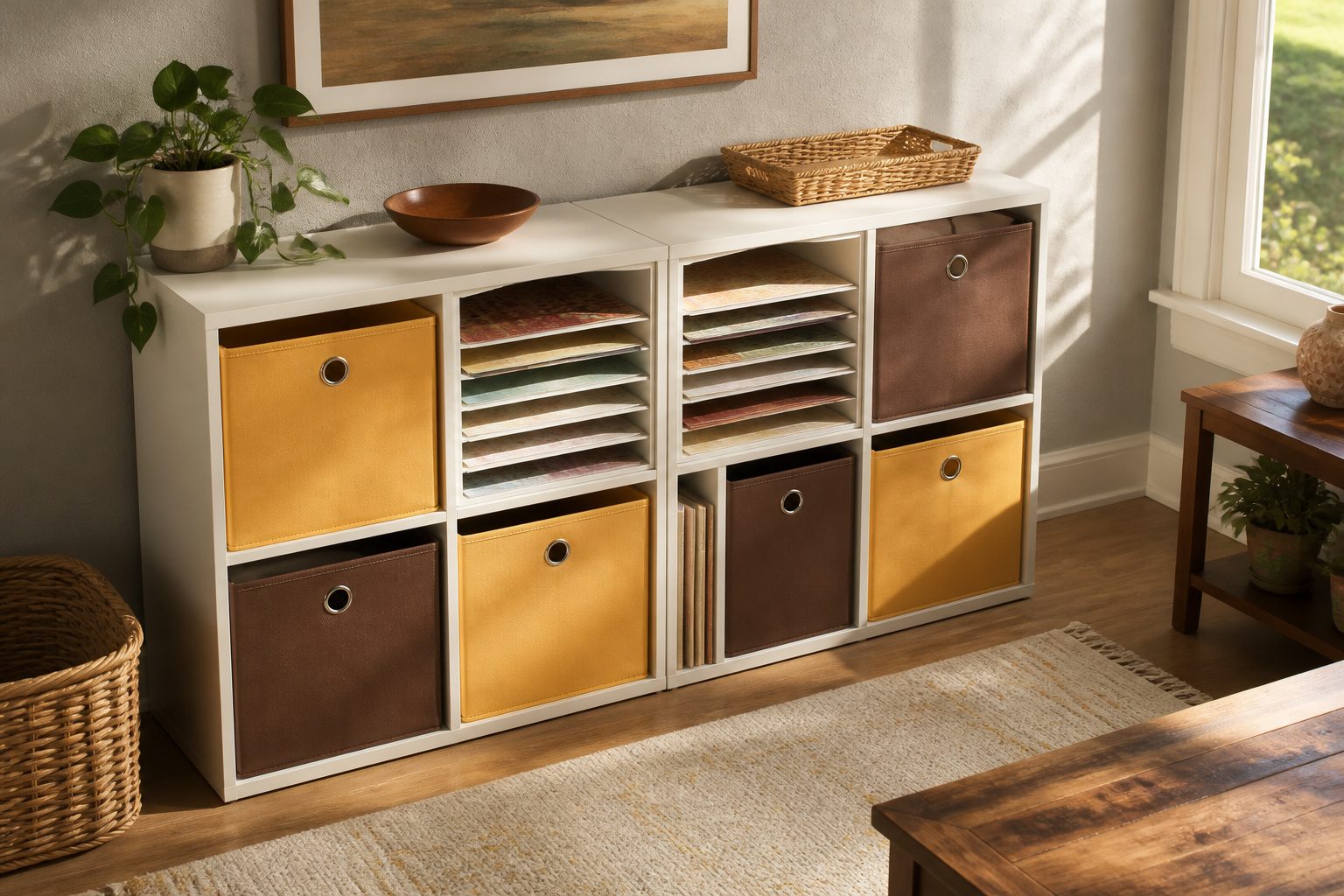 A cube shelf system displaying multiple storage bins and drawers.