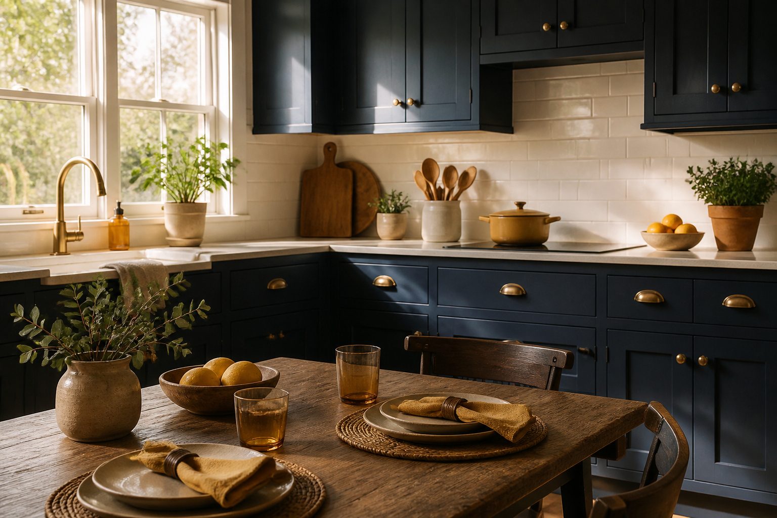 Cozy kitchen with dark blue cabinets and brass handles under warm lighting
