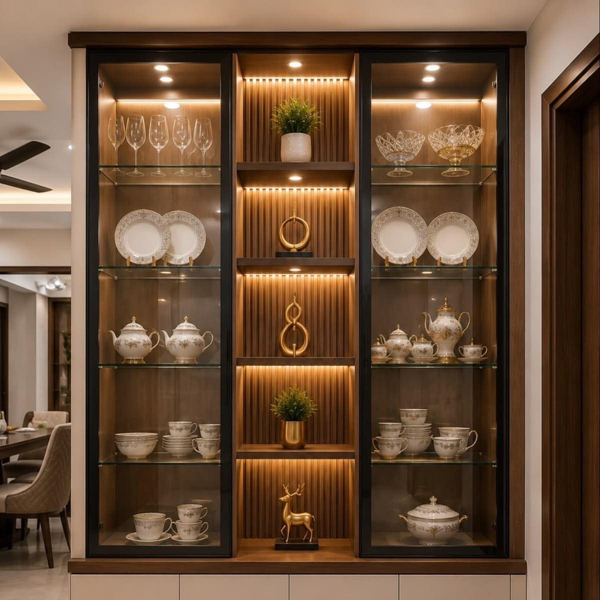 Built-in dining room cabinet with glass doors, warm lighting, and white porcelain tableware.