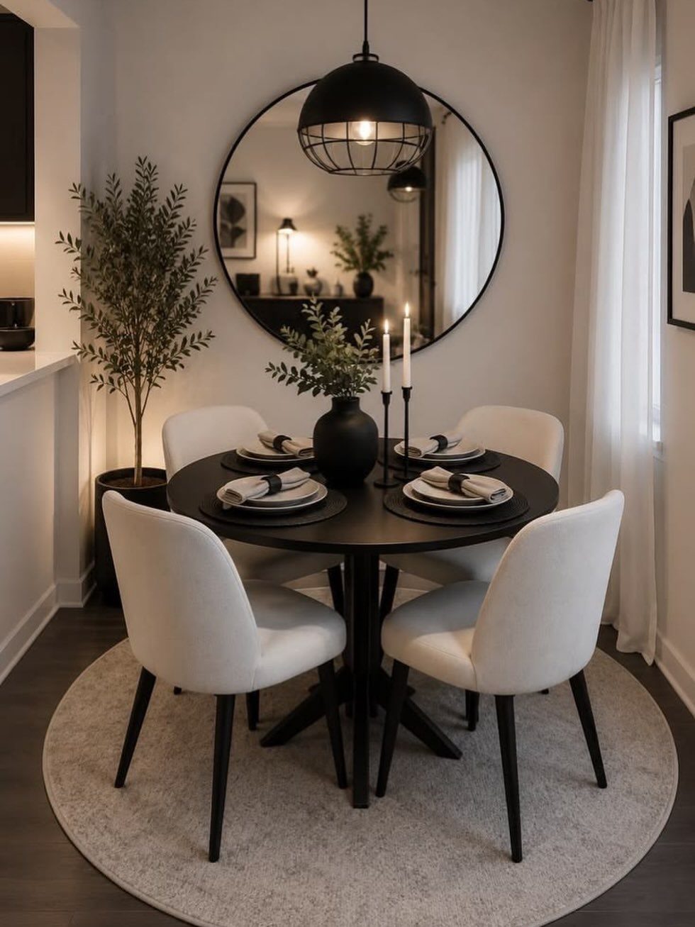 Black round dining table with white chairs and a large circular wall mirror.