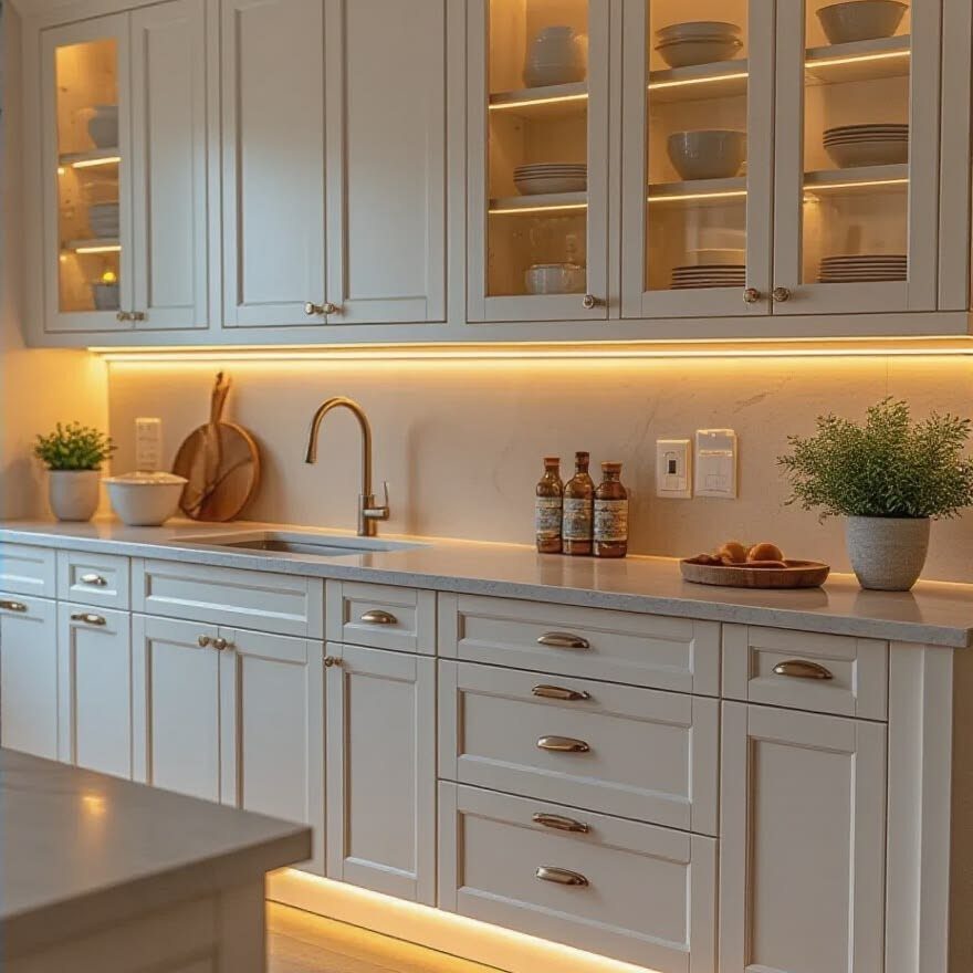 White shaker cabinets with gold hardware and warm under-cabinet lighting in a kitchen.