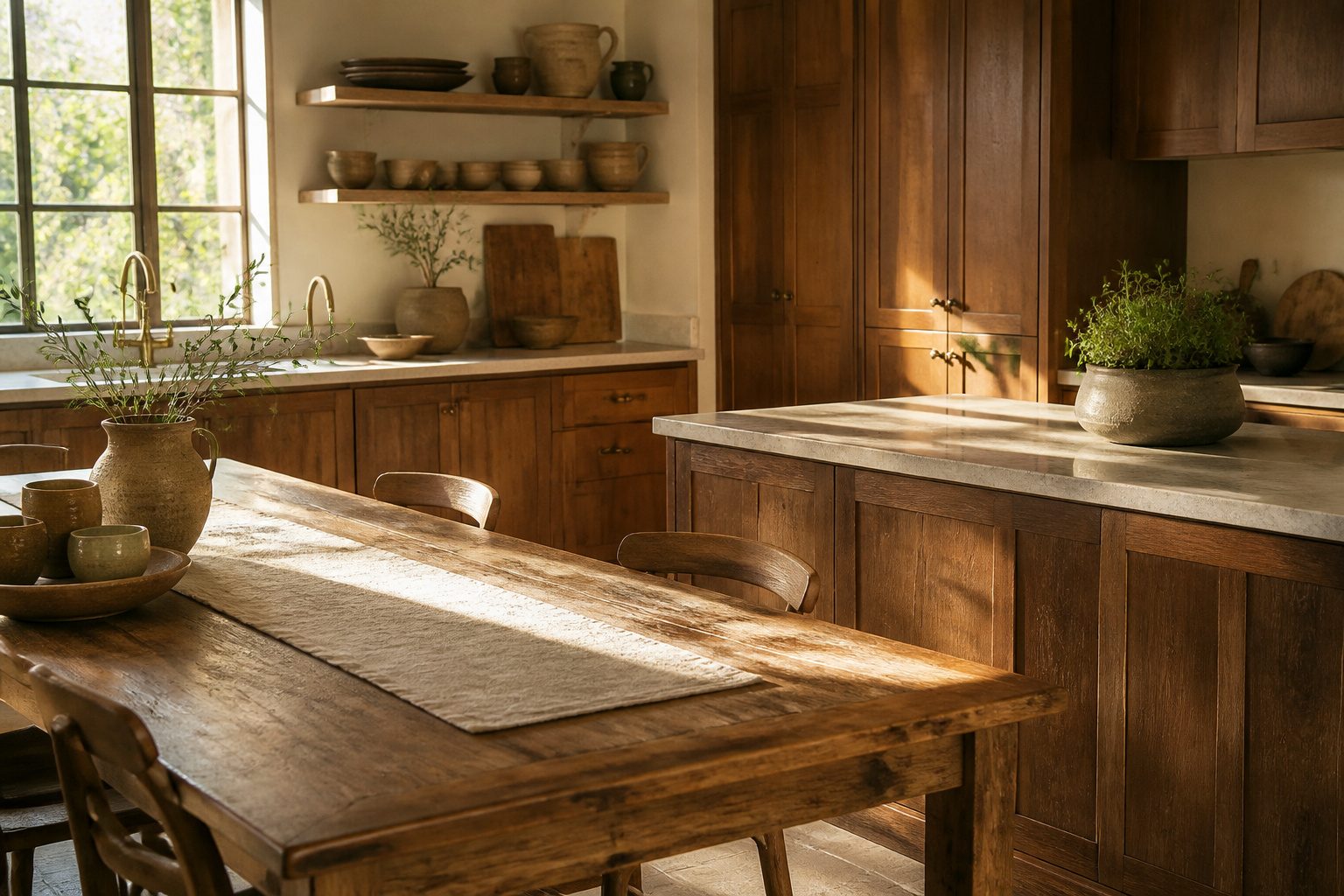 A modern kitchen featuring different types of cabinetry materials.