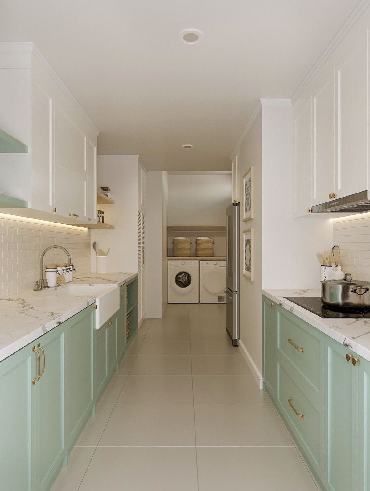 Mint green and white galley kitchen with marble countertops and laundry area background