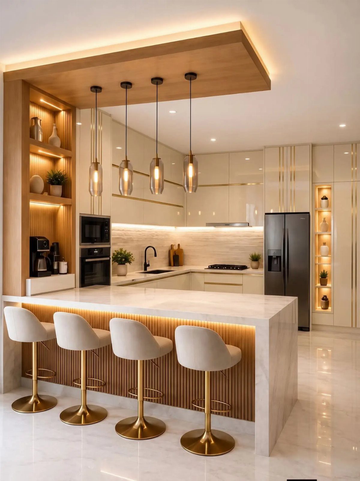 Modern luxury kitchen with white marble island, gold barstools, and warm ambient lighting.