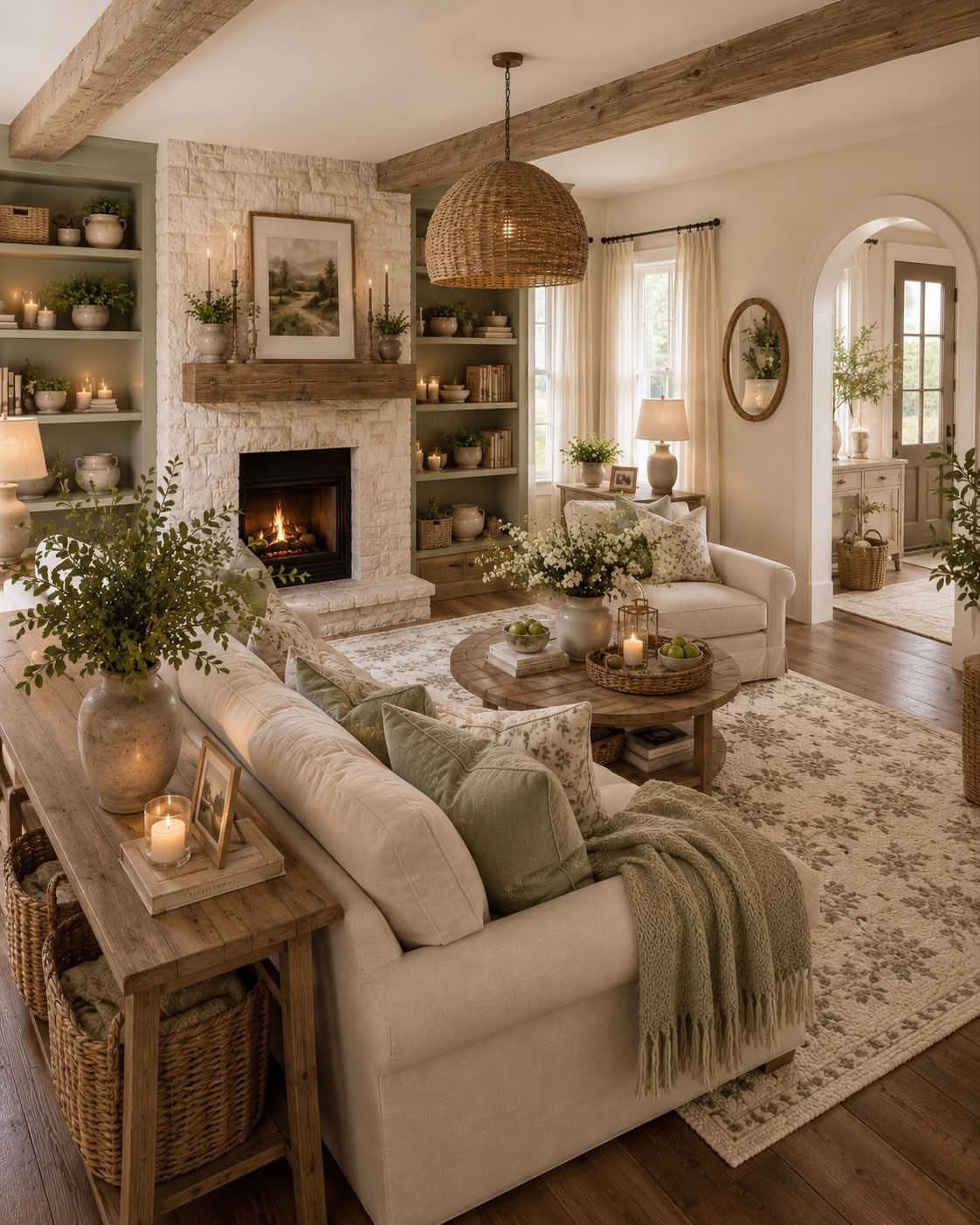 Modern farmhouse living room with stone fireplace, wooden mantel, and neutral decor.