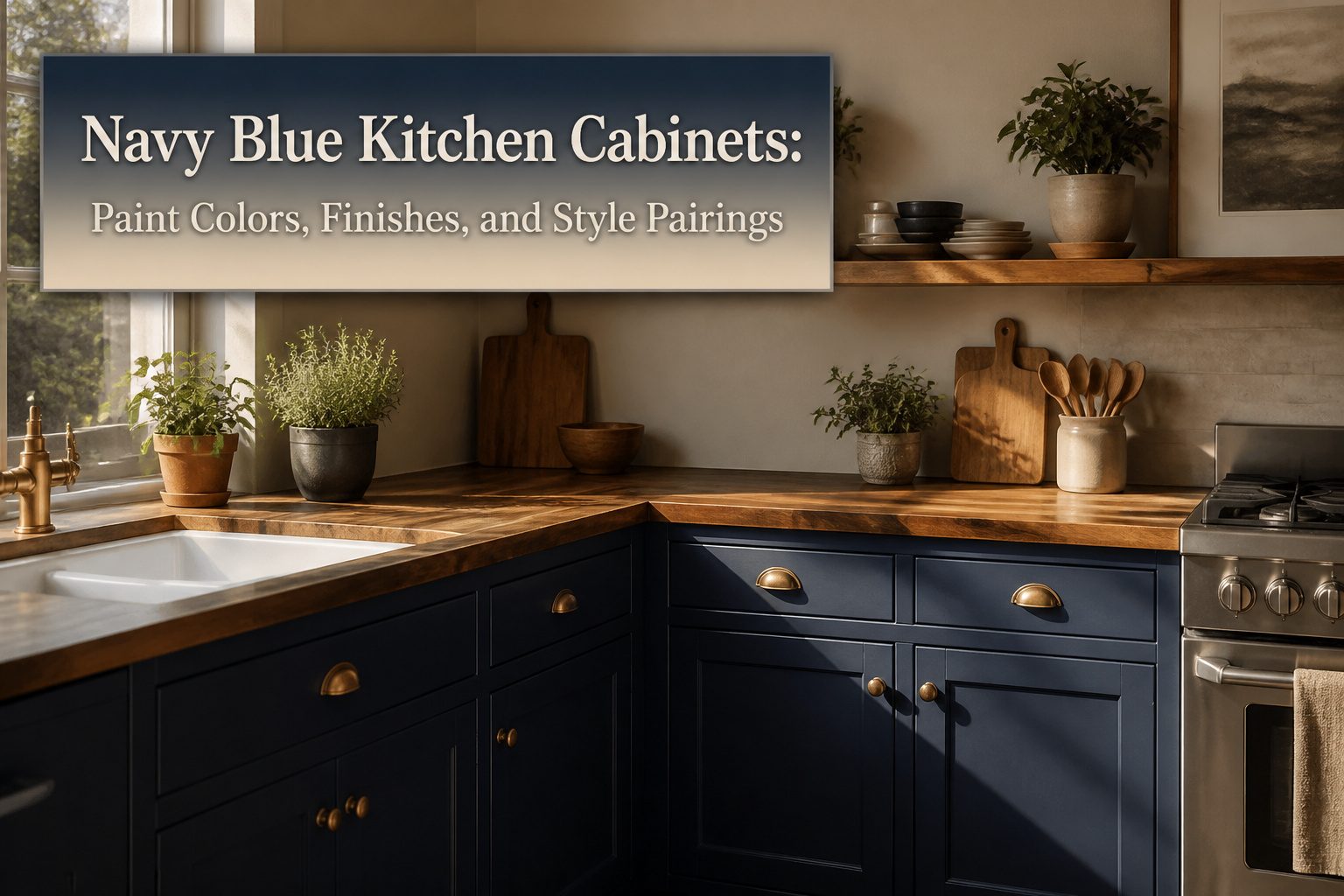 Navy blue kitchen cabinets with contrasting white countertops and modern appliances.