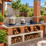 Brick outdoor cooking patio with wood-burning stoves, pots, and stacked firewood logs.