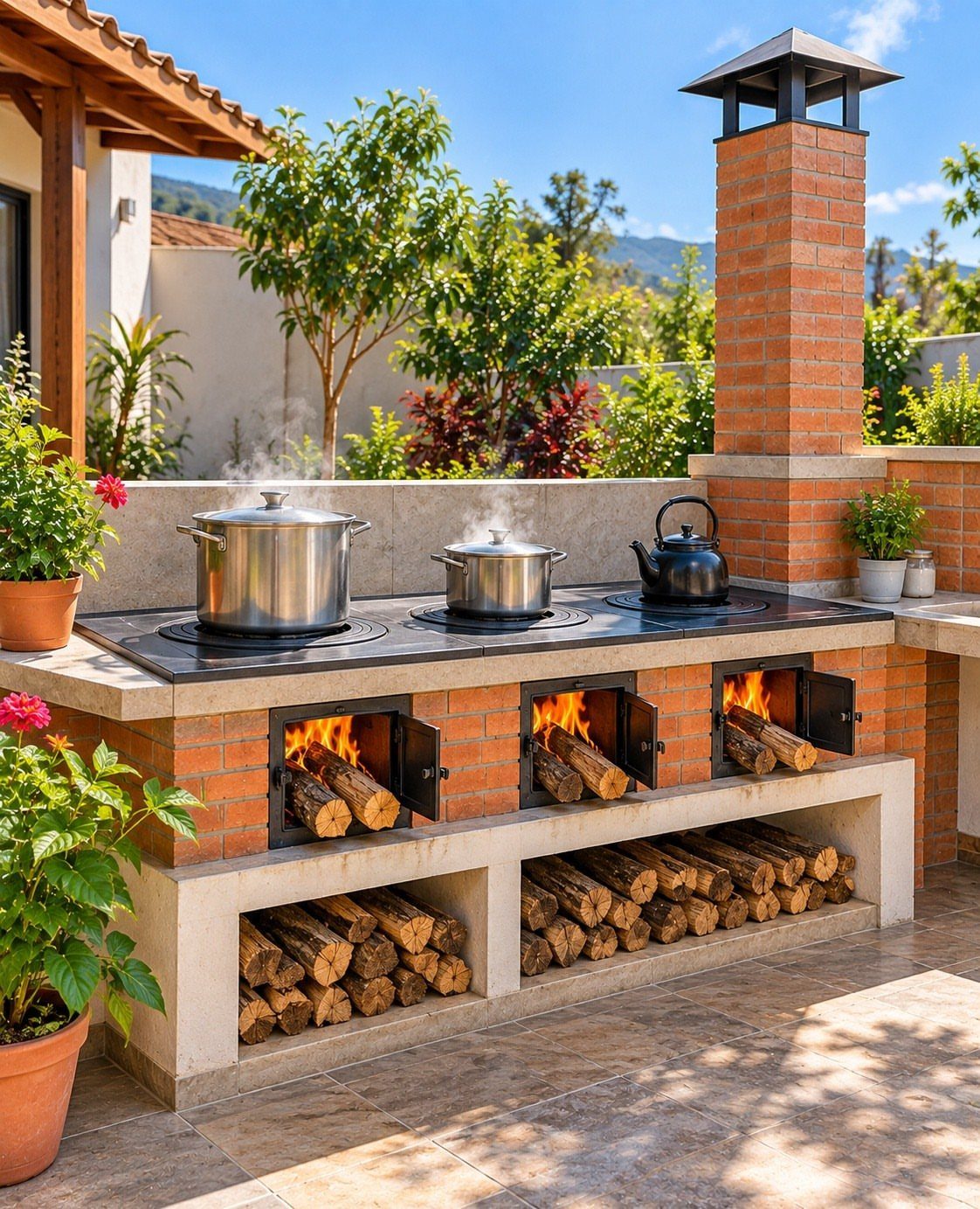 Brick outdoor cooking patio with wood-burning stoves, pots, and stacked firewood logs.
