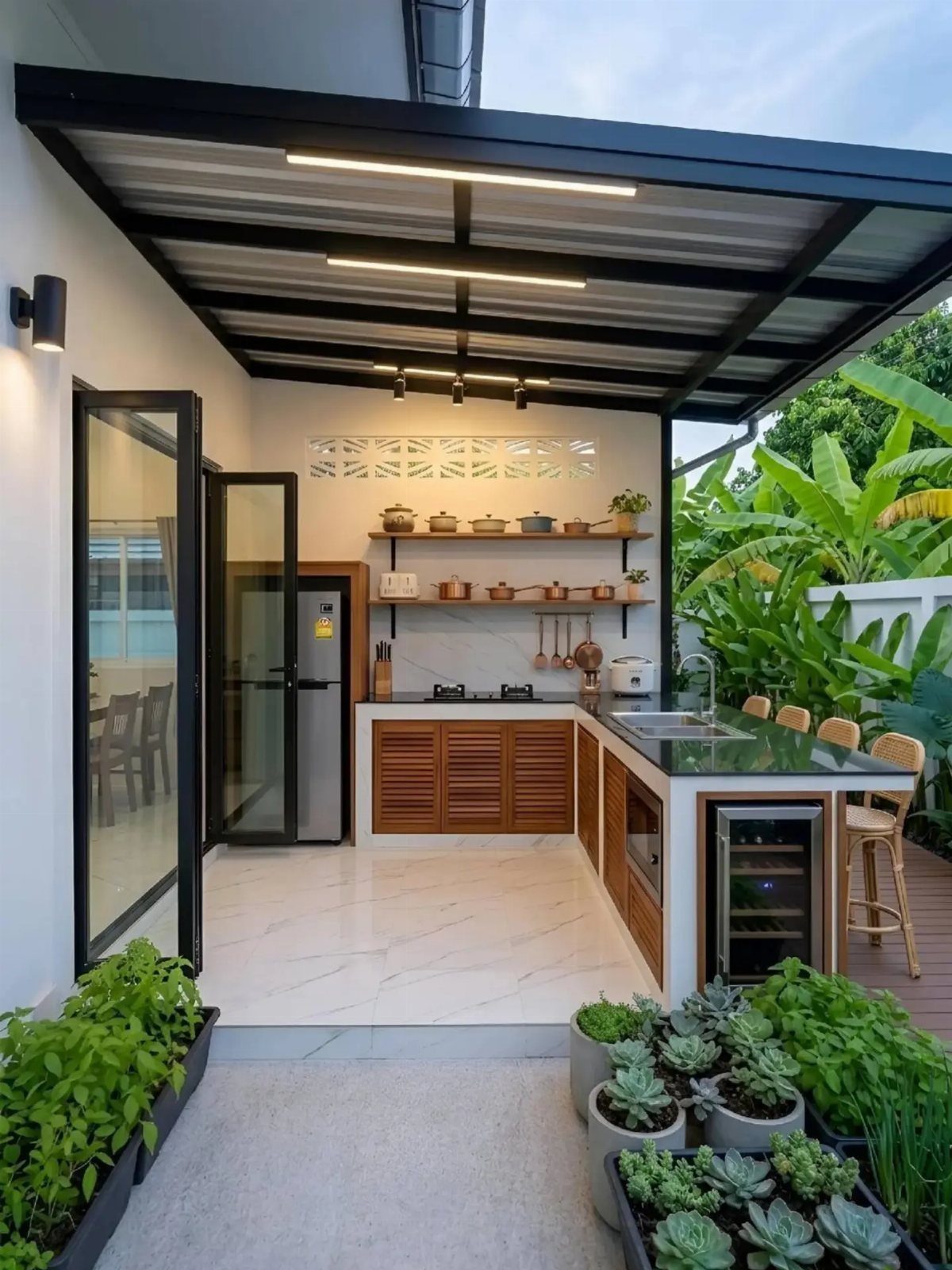 Modern outdoor kitchen with wooden cabinets, dark countertops, and a black metal roof.
