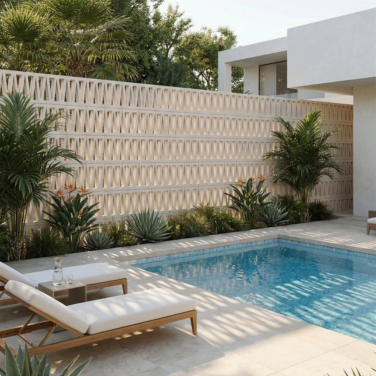 Rectangular swimming pool with white lounge chairs and a decorative lattice wall background.