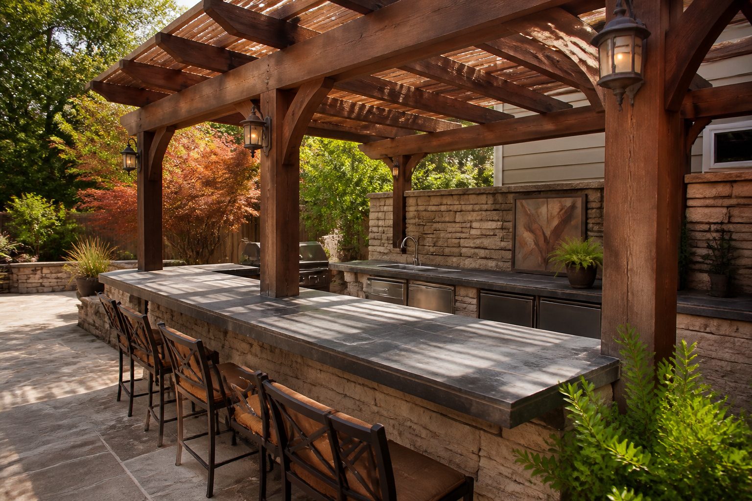A pergola featuring a built-in bar, surrounded by outdoor seating.