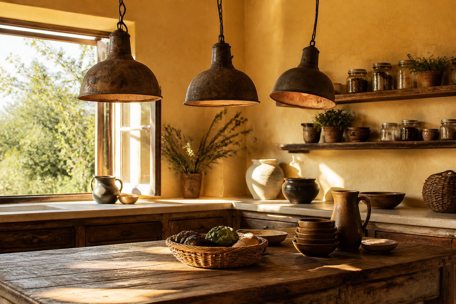 Different rustic kitchen light fixtures displayed together.