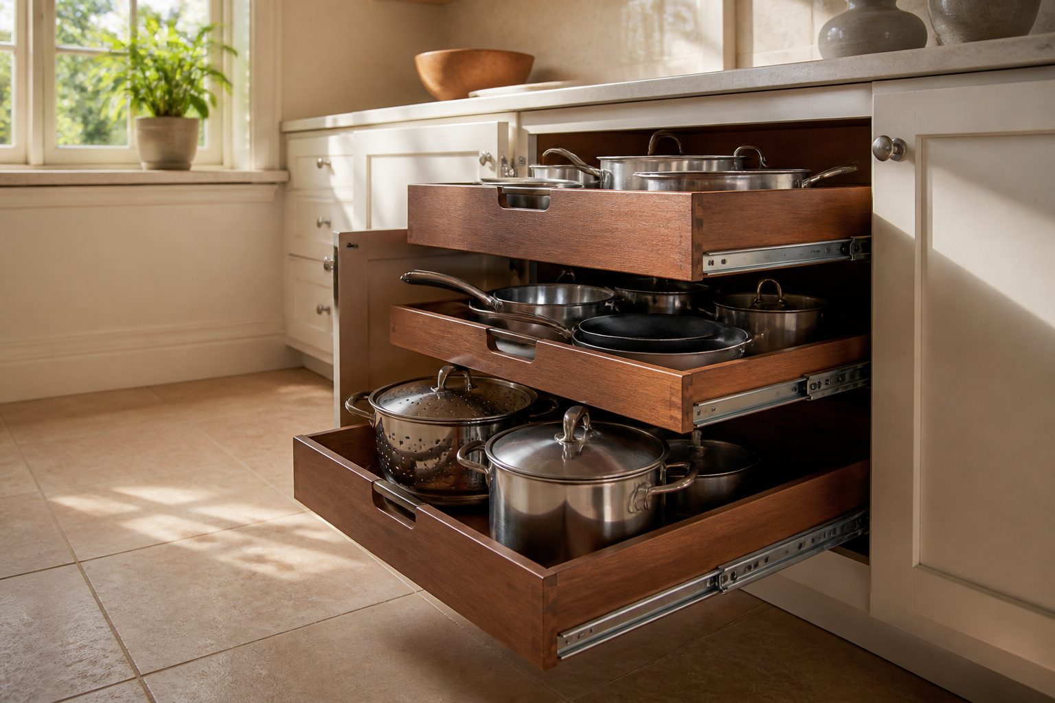 Different types of pull-out shelves displayed for various storage needs.