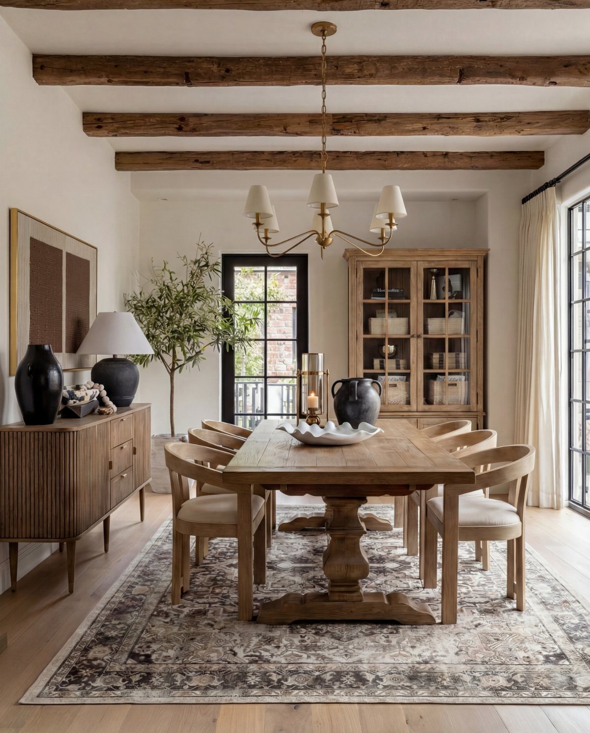 Rustic wooden dining table and chairs in a room with exposed ceiling beams.