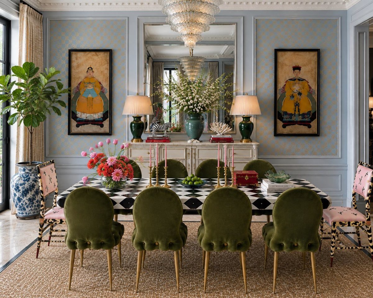 Dining room with blue walls, framed portraits, and green velvet chairs around a checkered table