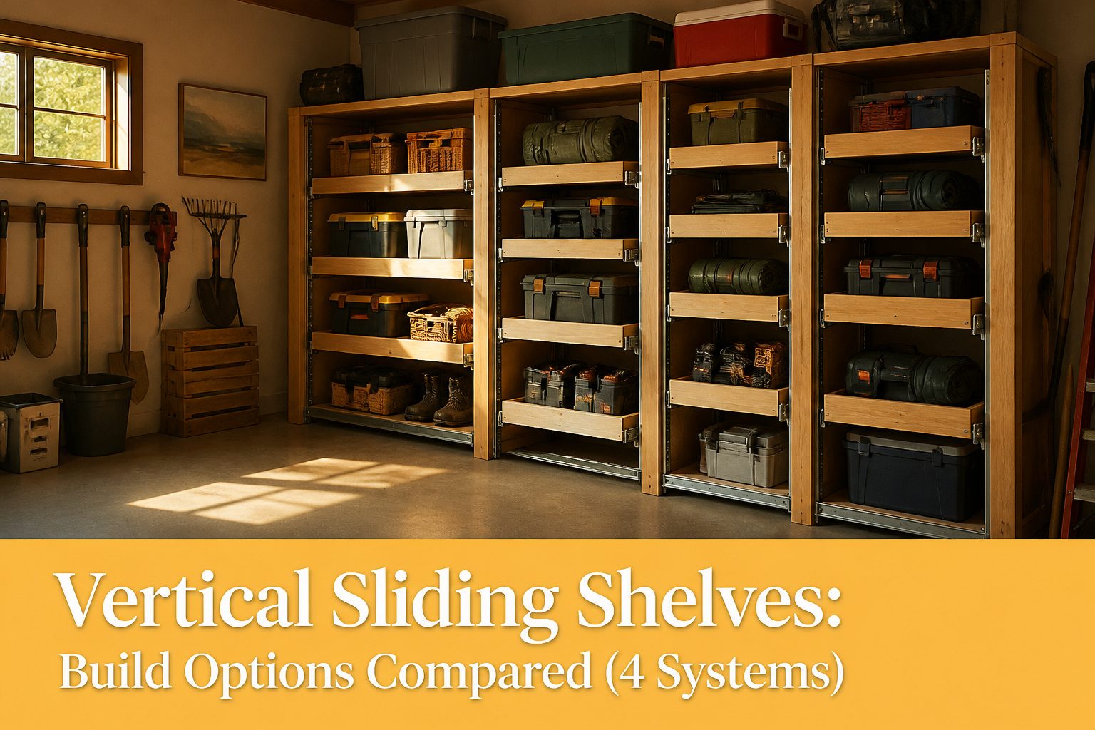 Various types of vertical sliding shelves in a workshop setting.